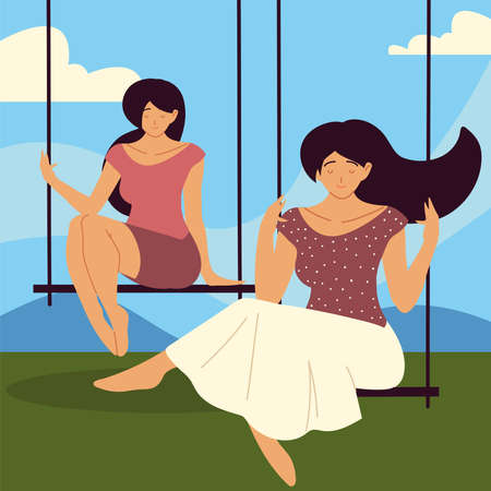 women on swing nature outdoorのイラスト素材