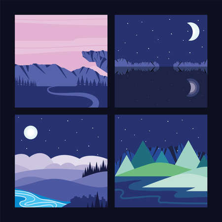 landscape night moon mountains lakeのイラスト素材
