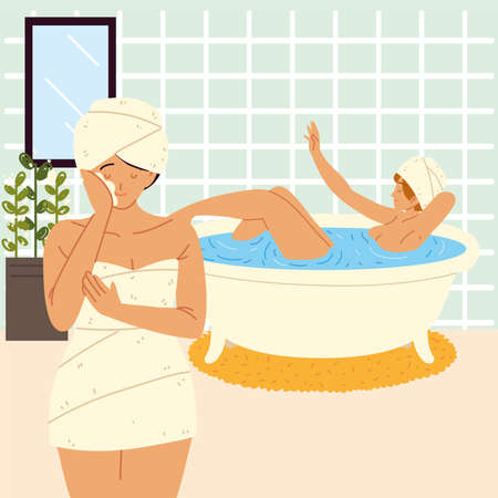 women bathroom relaxing self timeのイラスト素材