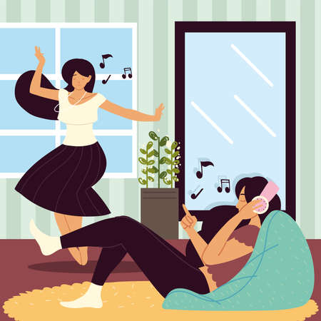 happy women dancing listening musicのイラスト素材