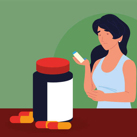 asthmatic woman inhaler medicine capsulesのイラスト素材