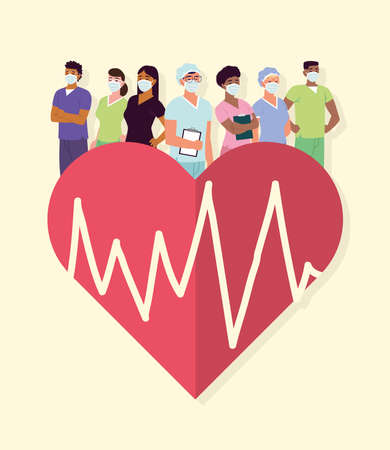 nurses group with mask heartbeatのイラスト素材