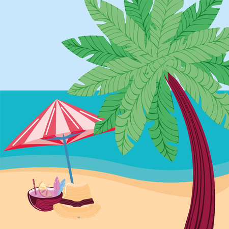 summer palm umbrella cocktail beachのイラスト素材