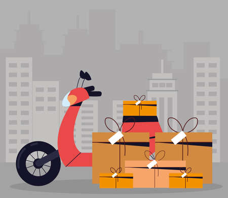 delivery service motorcycle cardboard boxesのイラスト素材