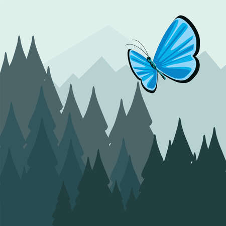 landscape pines butterfly mountains silhouetteのイラスト素材