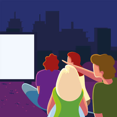 people watching movie screen outdoorsのイラスト素材