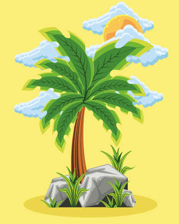 palm tree rocks sun cloudsのイラスト素材