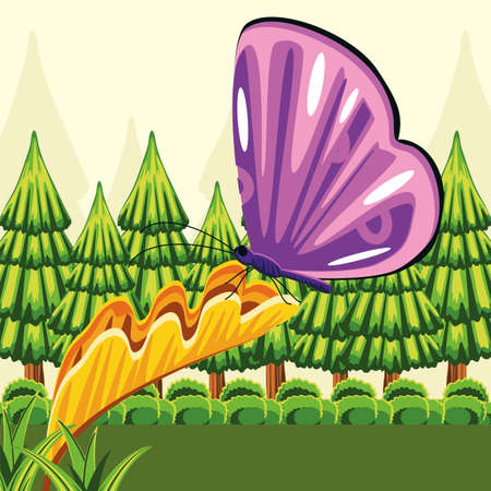 landscape forest butterfly trees leafのイラスト素材
