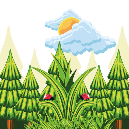 pine trees ladybugs leaves skyのイラスト素材