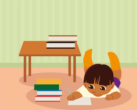 boy with books on the floor studying at homeのイラスト素材