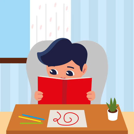 boy reading on chair with sketch studying at homeのイラスト素材