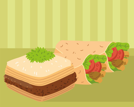baklava and shawarma, arabic food kitchen designのイラスト素材