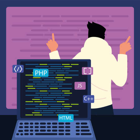Man and web development laptop with codesのイラスト素材