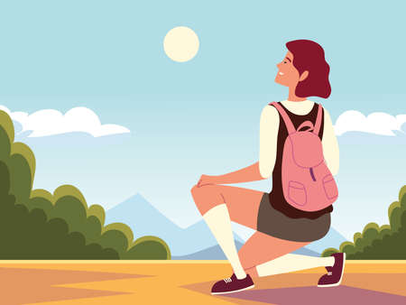 traveler woman adventure nature sceneのイラスト素材