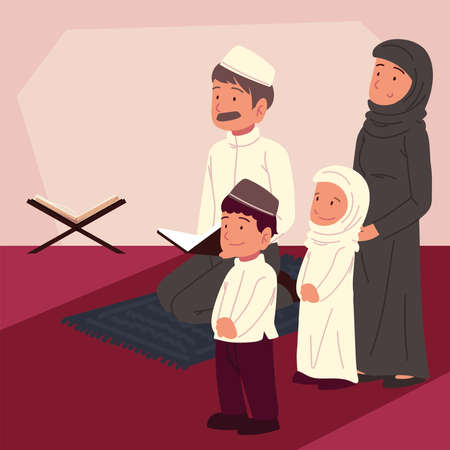 muslim family together praying with quranのイラスト素材