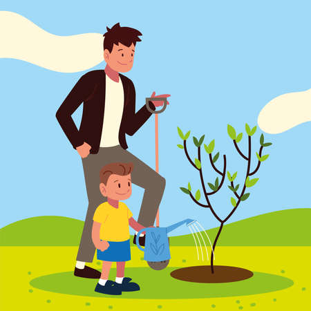 dad and son caring tree with waterのイラスト素材