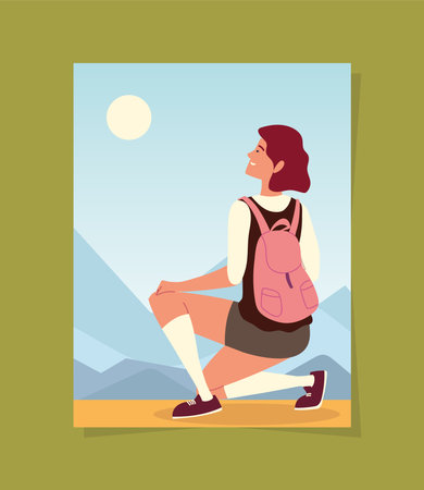 traveler woman with backpack landscapeのイラスト素材