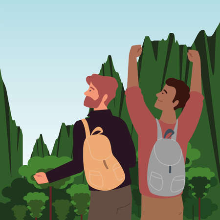 men with backpack adventure landscapeのイラスト素材