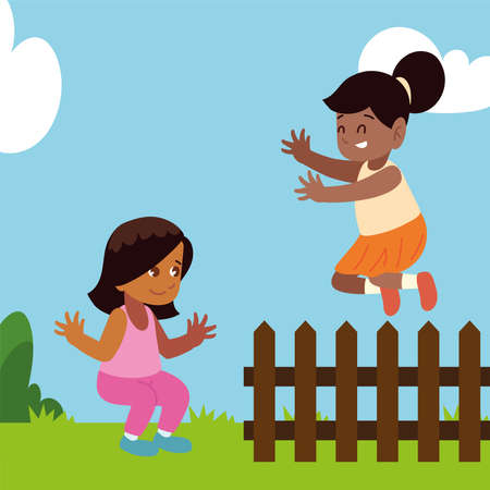 cheerful girls garden fence sceneのイラスト素材