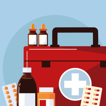 pharmacy kit medicine bottles pills tabletsのイラスト素材