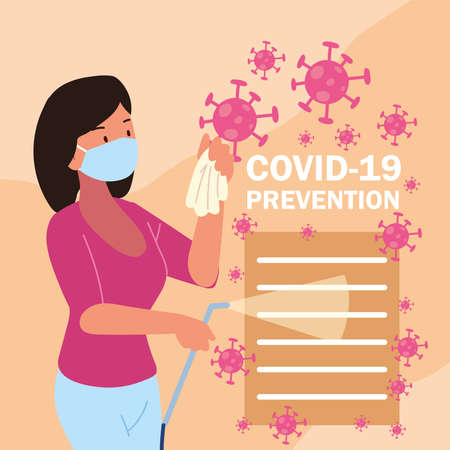 woman covid 19 prevention mask and disinfectant sprayのイラスト素材