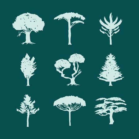 trees green silhouette botanic setのイラスト素材