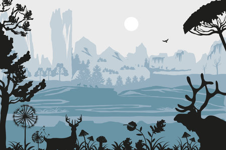 silhouette deer birds trees landscapeのイラスト素材