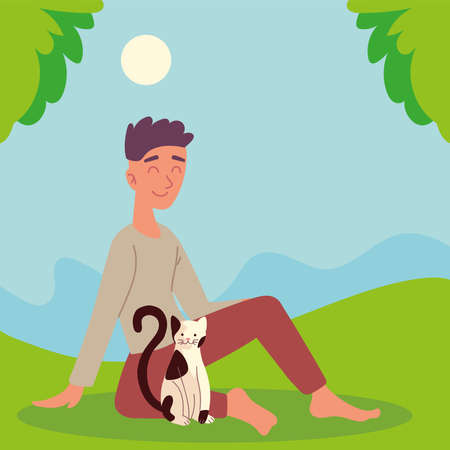 boy with cat outdoorのイラスト素材