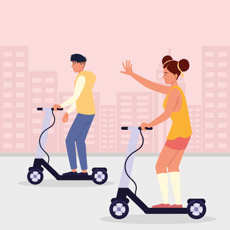 man woman on electric scooterのイラスト素材