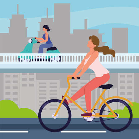 women on bike and motorbikeのイラスト素材
