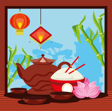 chinese traditional tea food flower lanternのイラスト素材