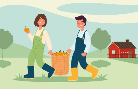 farmers couple with orangesのイラスト素材