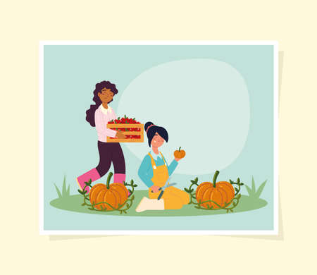 farmers with fruits and pumpkinのイラスト素材