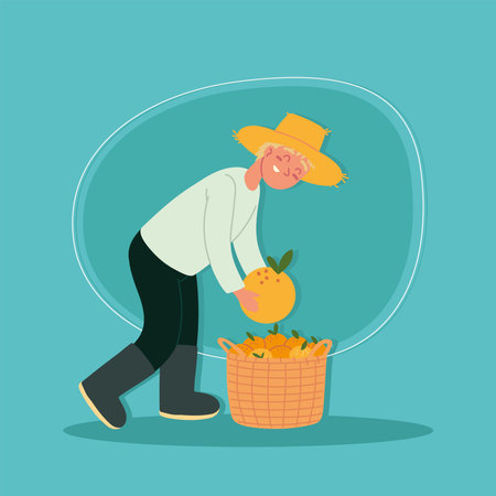 farmer man picking orangesのイラスト素材