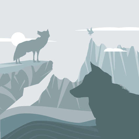 silhouette wolves in mountains landscapeのイラスト素材