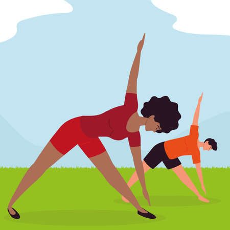 people doing yoga in grassのイラスト素材