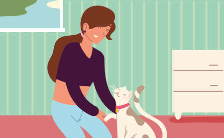 woman caressing her catのイラスト素材