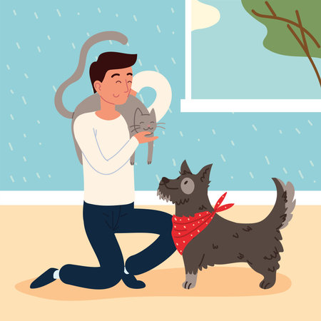 man with his petsのイラスト素材