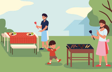 family backyard bbq partyのイラスト素材