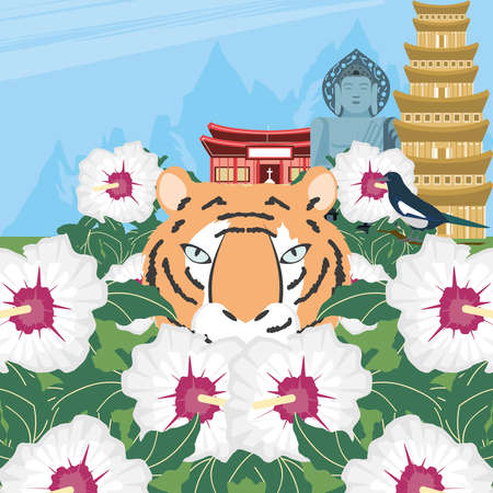 korean tiger and flowersのイラスト素材