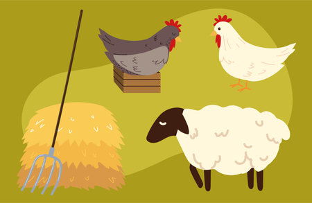 pitchfork and hay with animalsのイラスト素材