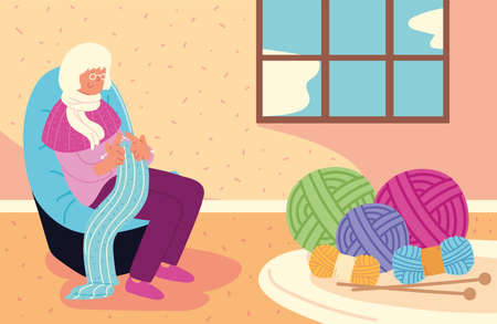 cute grandma knittingのイラスト素材