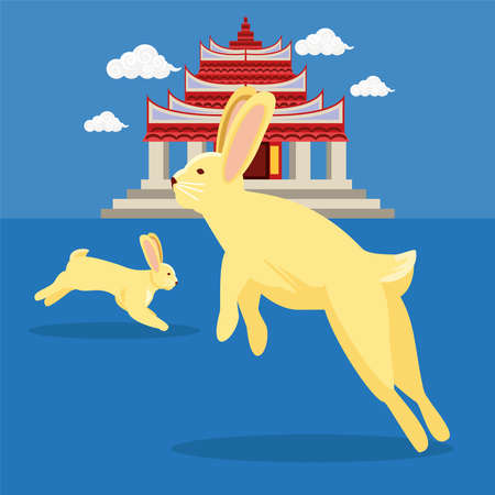 mid autumn rabbit and pagodaのイラスト素材