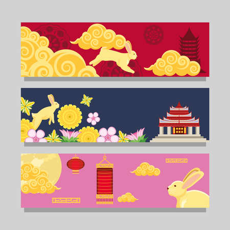 mid autumn chinese temples and lanternsのイラスト素材