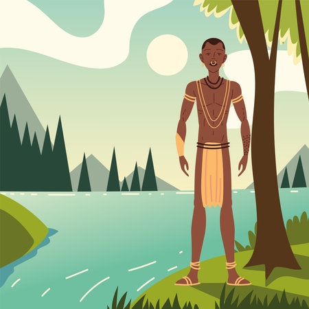 indigenous man near riverのイラスト素材