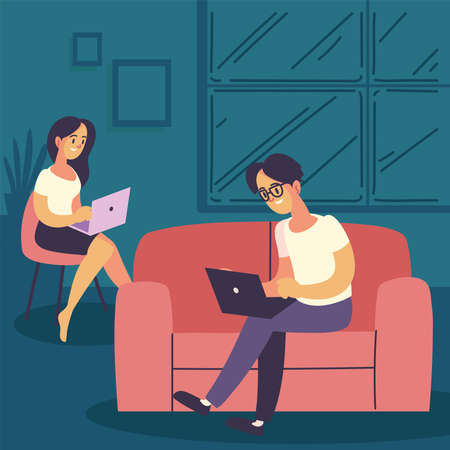 man and woman freelancers workingのイラスト素材