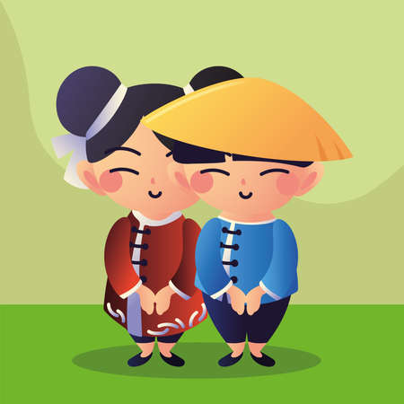 asian couple in grassのイラスト素材
