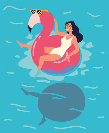 woman on flamingo rubber ringのイラスト素材