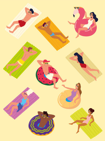 young people floating on inflatableのイラスト素材
