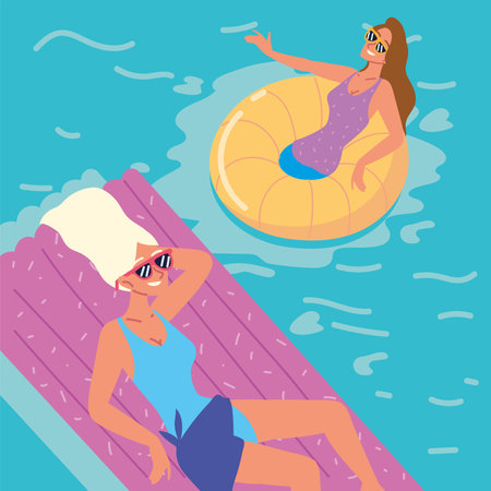 women enjoying in the poolのイラスト素材